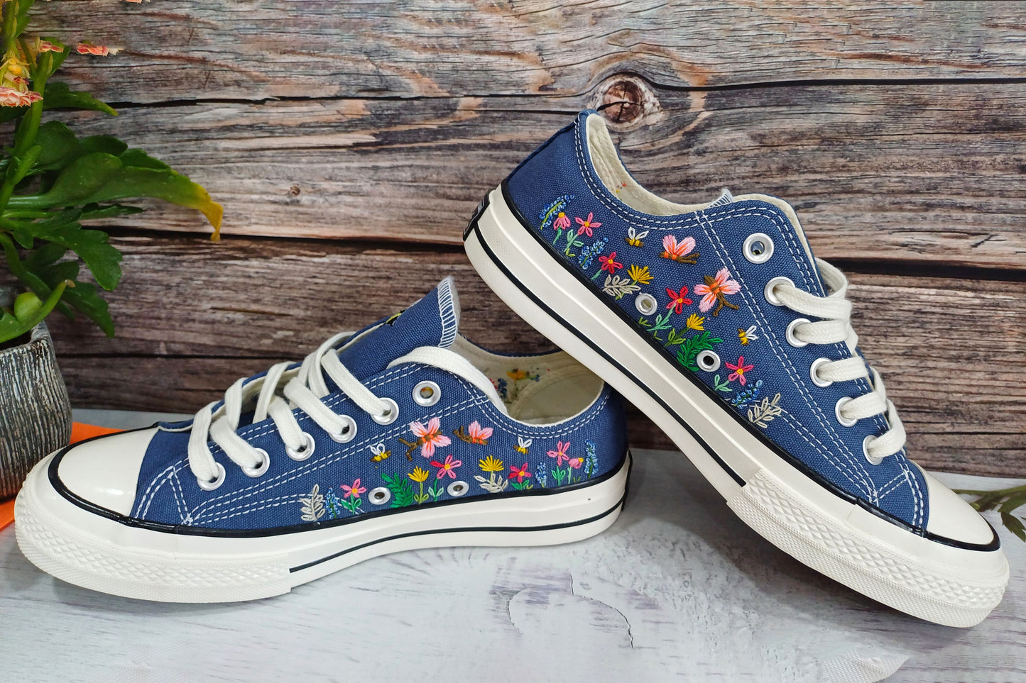 Converse Low-Top Shoes Embroidered Colorful Wildflowers, Wildflower embroidered