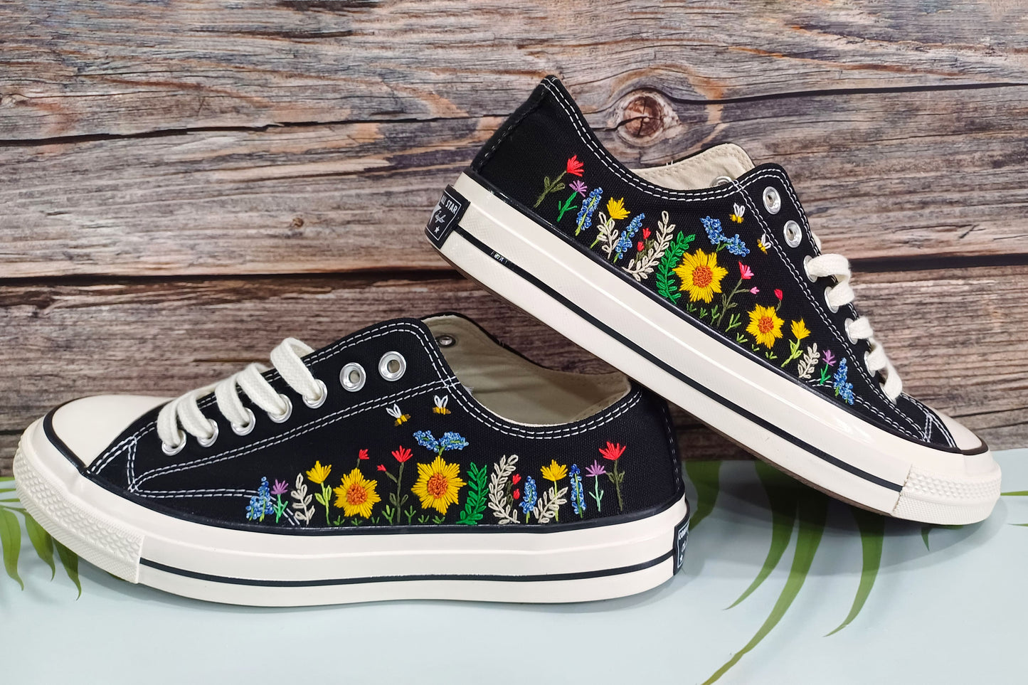 Sunflower embroidery on low top converse shoes