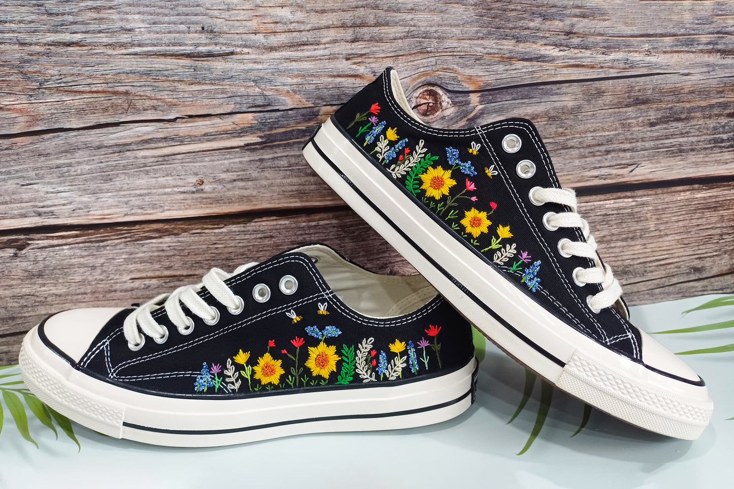 Sunflower embroidery on low top converse shoes