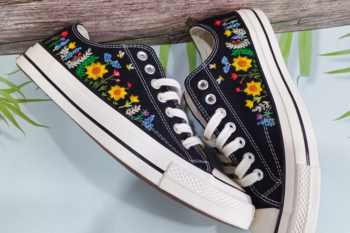 Sunflower embroidery on low top converse shoes