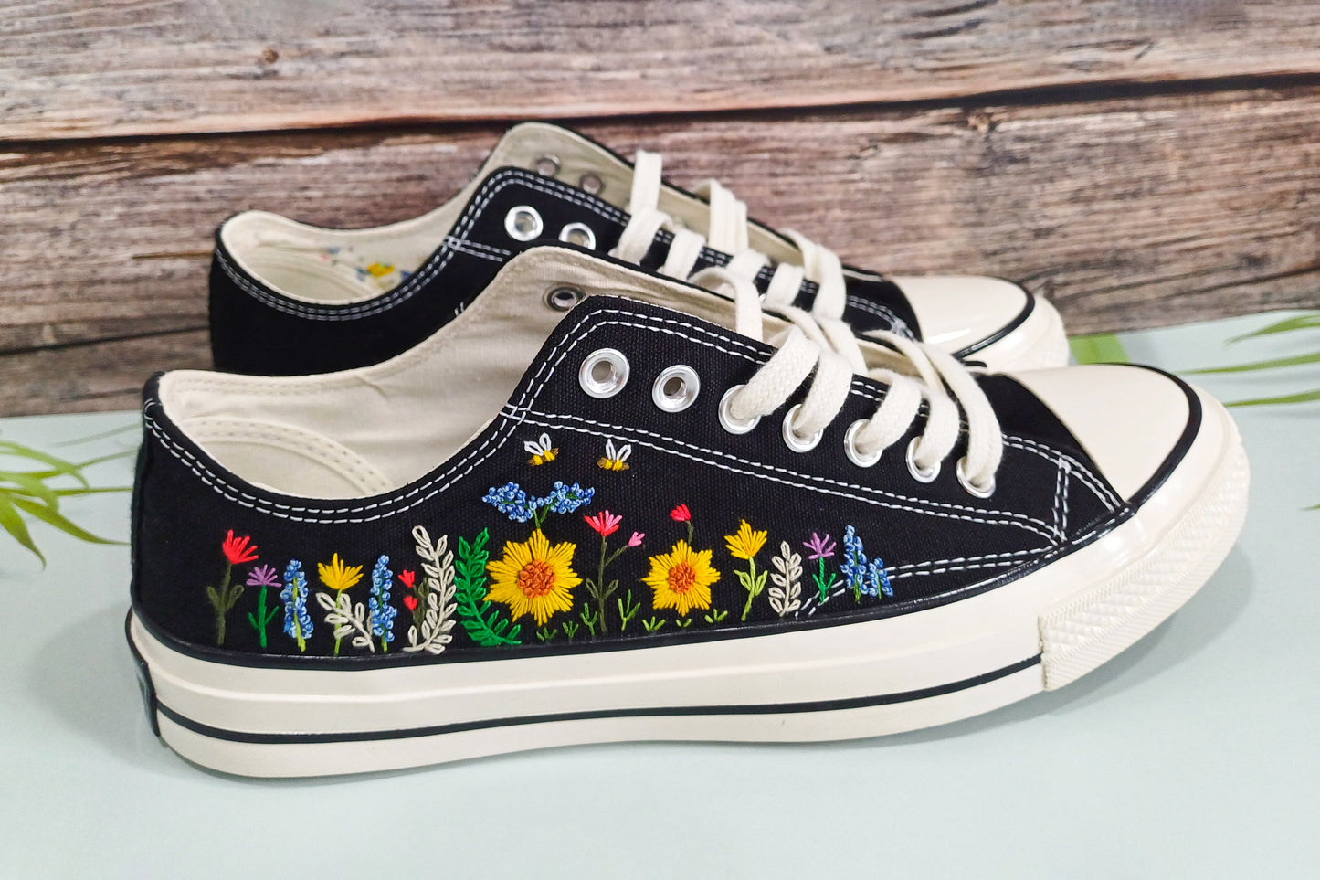 Sunflower embroidery on low top converse shoes