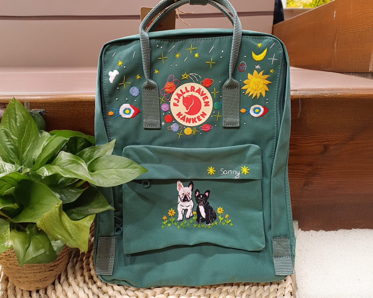 Fjallraven Kanken Backpack embroidered with planets and pets - Personalized Embroidered Backpack - Custom Bag for Women