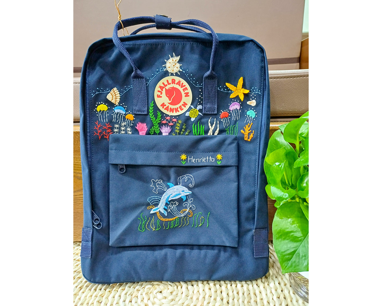 Fjallraven Kanken Embroidered Backpack – Ocean Theme with Jellyfish and Dolphins - Personalized Embroidered Backpack - Custom Bag for Women