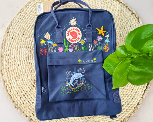 Fjallraven Kanken Embroidered Backpack – Ocean Theme with Jellyfish and Dolphins - Personalized Embroidered Backpack - Custom Bag for Women