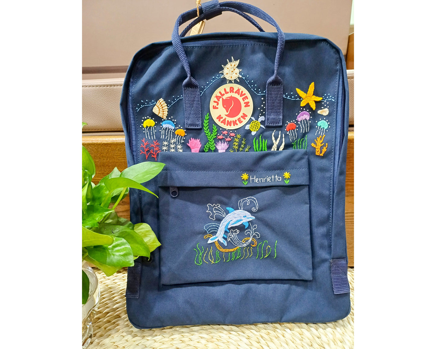 Fjallraven Kanken Embroidered Backpack – Ocean Theme with Jellyfish and Dolphins - Personalized Embroidered Backpack - Custom Bag for Women