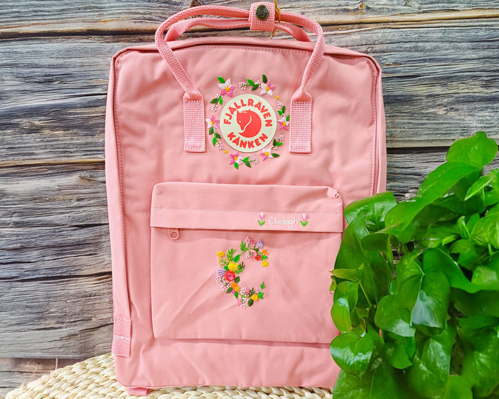  Fjallraven Kanken Embroidered Backpack – Flowers Around Logo and Floral Alphabet - Personalized Embroidered Backpack - Custom Bag for Women 