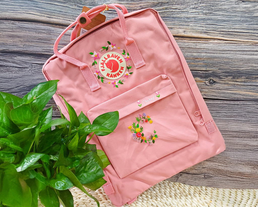  Fjallraven Kanken Embroidered Backpack – Flowers Around Logo and Floral Alphabet - Personalized Embroidered Backpack - Custom Bag for Women 