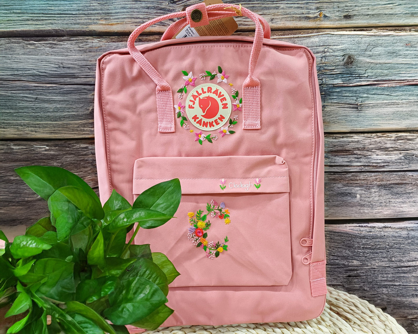 Fjallraven Kanken Embroidered Backpack – Flowers Around Logo and Floral Alphabet - Personalized Embroidered Backpack - Custom Bag for Women