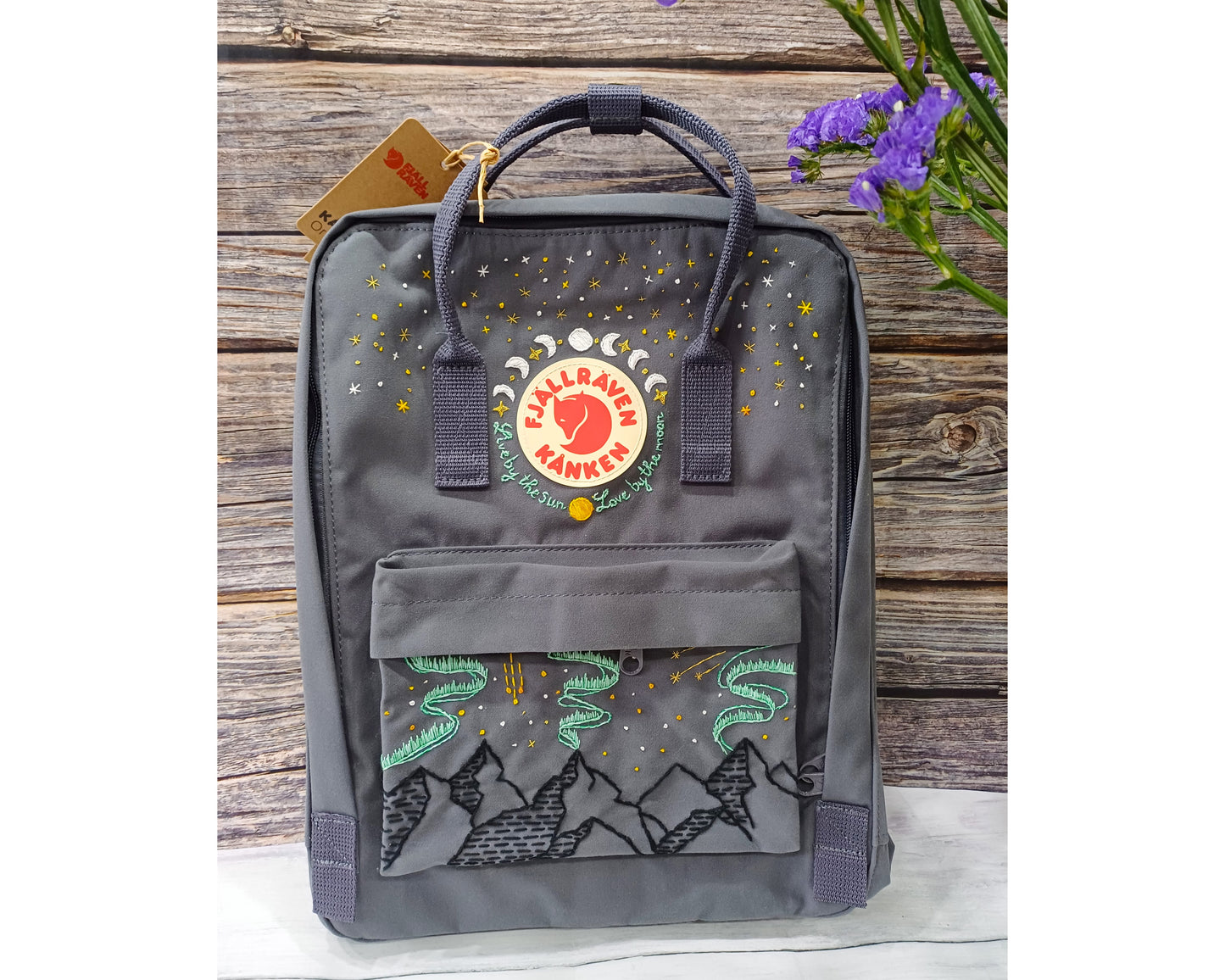 Fjallraven Kanken Backpack with Moon Phases, Stars & Aurora Embroidery - Personalized Embroidered Backpack - Custom Bag for Women