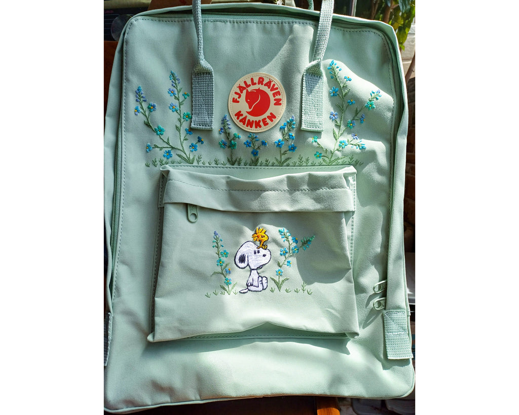  Custom Fjallraven Kanken Backpack – Forget-Me-Not Flower & Anime Embroidery - Personalized Embroidered Backpack - Custom Bag for Women 