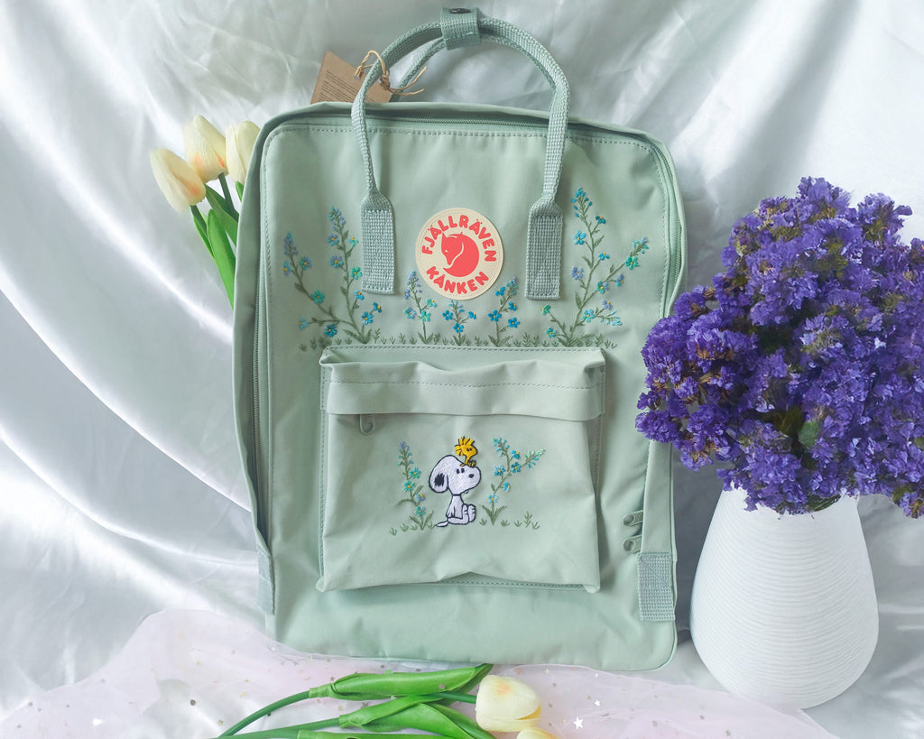  Custom Fjallraven Kanken Backpack – Forget-Me-Not Flower & Anime Embroidery - Personalized Embroidered Backpack - Custom Bag for Women 