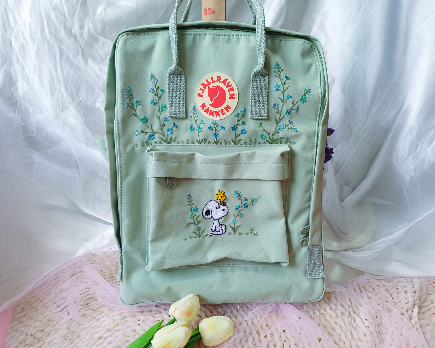 Custom Fjallraven Kanken Backpack – Forget-Me-Not Flower & Anime Embroidery - Personalized Embroidered Backpack - Custom Bag for Women