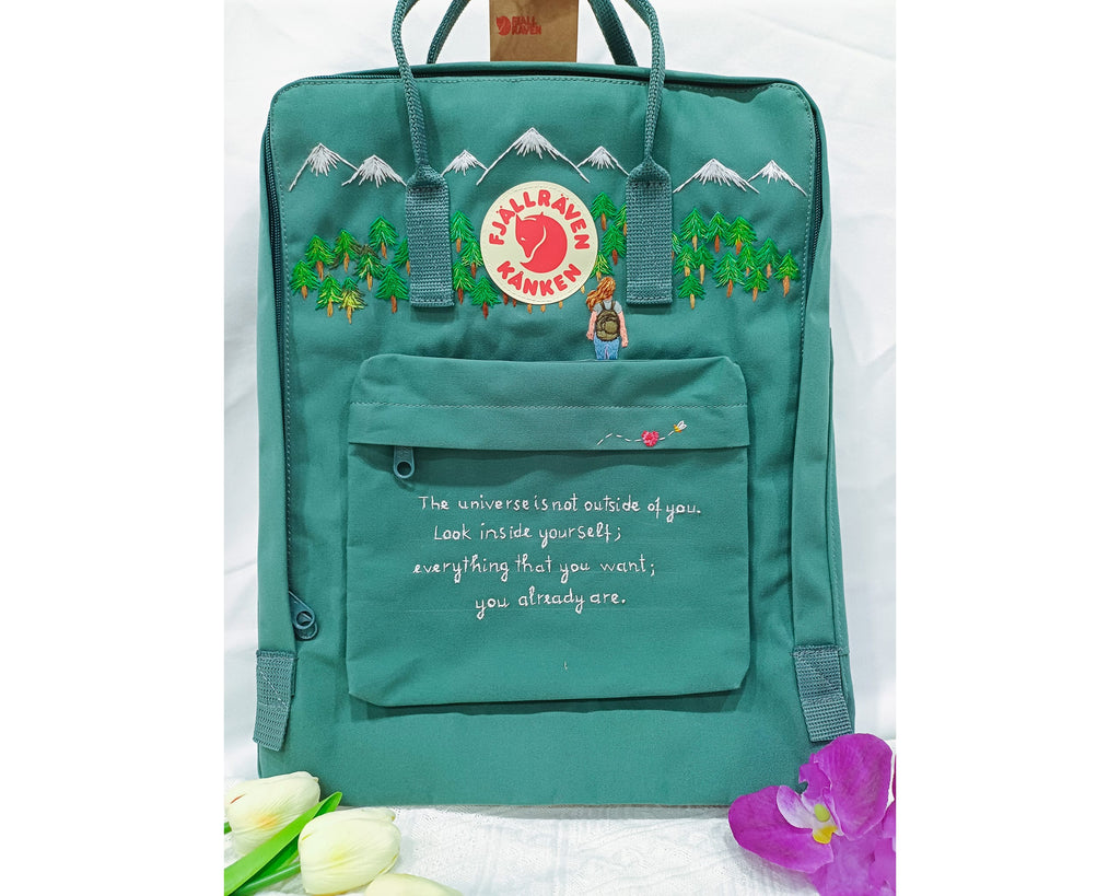  Fjallraven Kanken Backpack with Hiking Girl, Pine Mountain Forest and Quote Embroidery - Personalized Embroidered Backpack - Custom Bag for Women 
