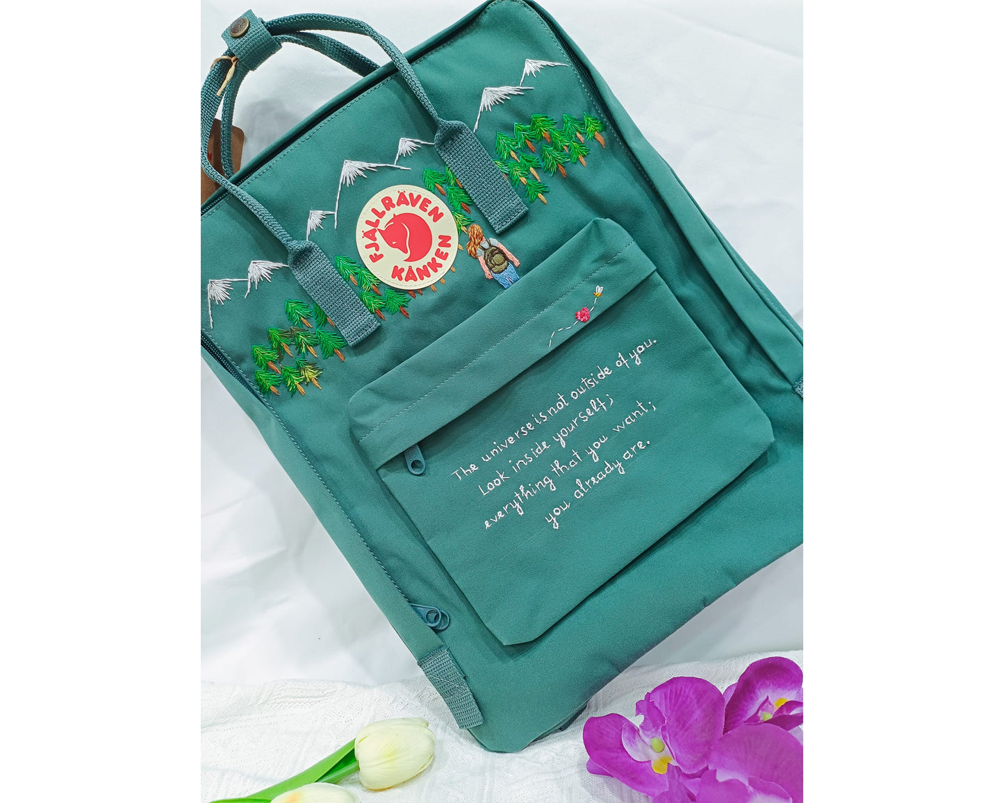 Fjallraven Kanken Backpack with Hiking Girl, Pine Mountain Forest and Quote Embroidery - Personalized Embroidered Backpack - Custom Bag for Women