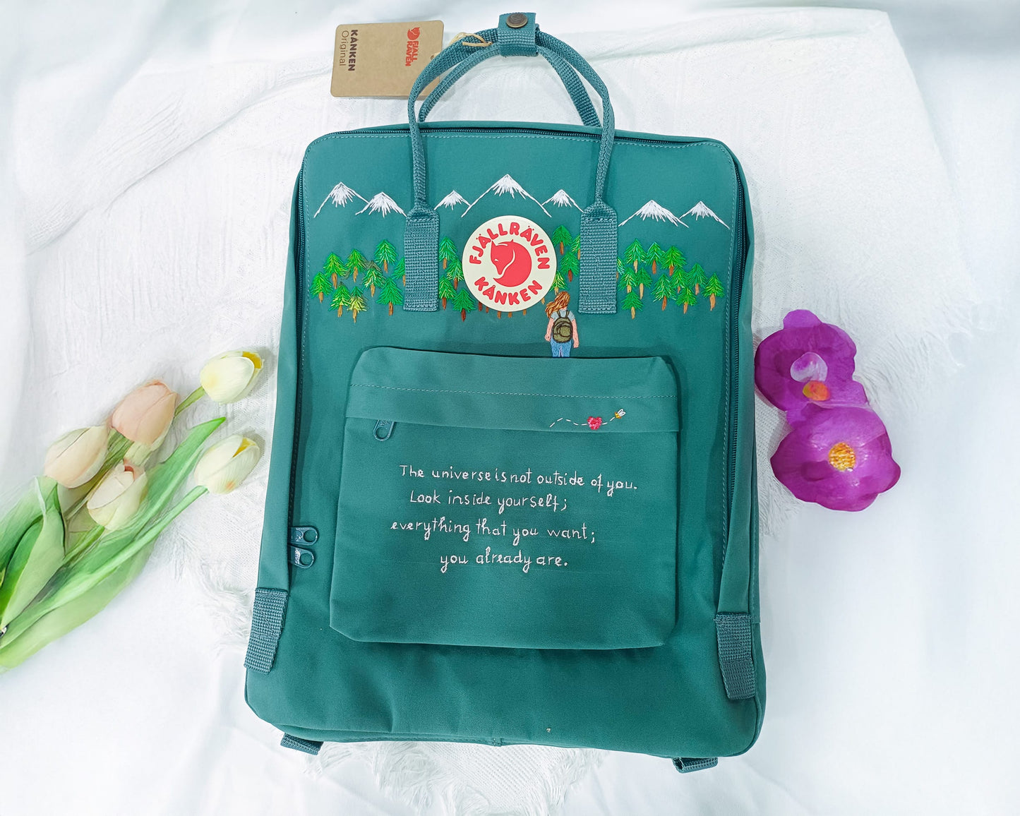 Fjallraven Kanken Backpack with Hiking Girl, Pine Mountain Forest and Quote Embroidery - Personalized Embroidered Backpack - Custom Bag for Women