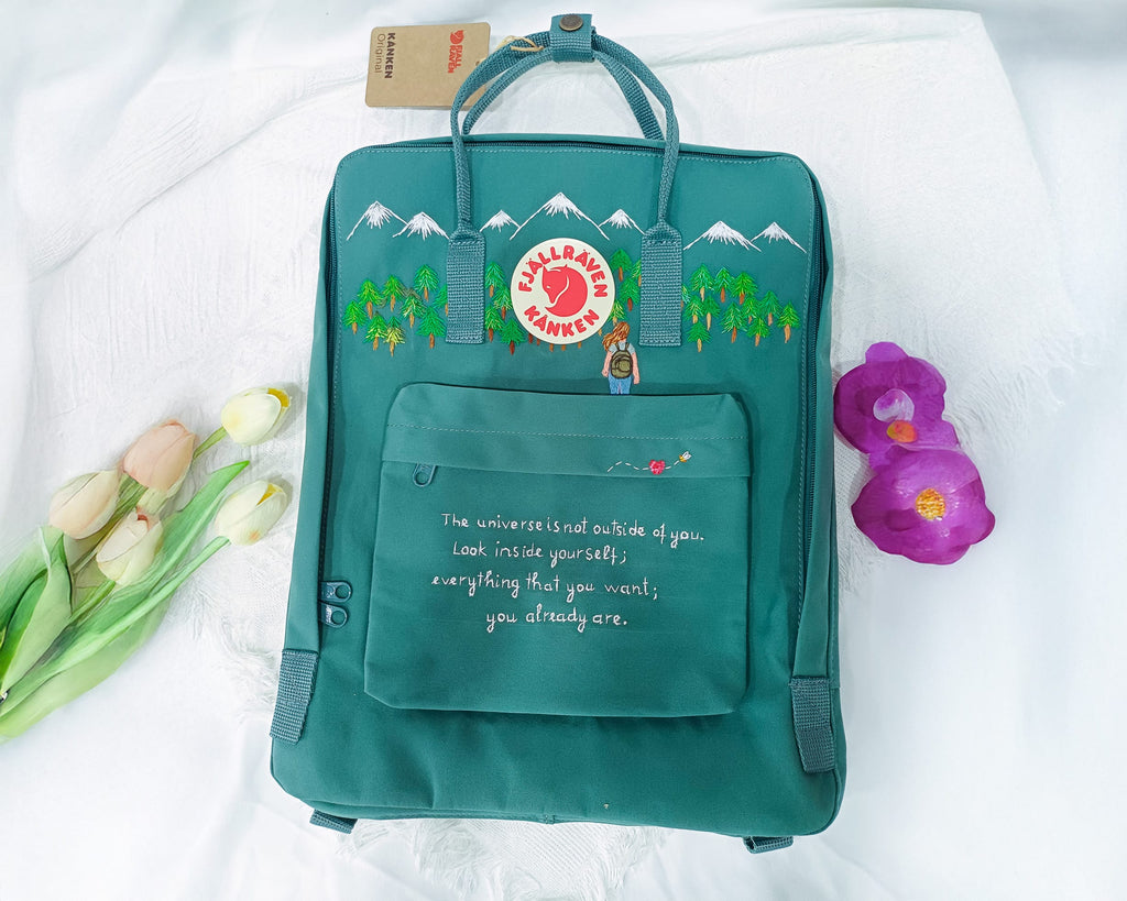  Fjallraven Kanken Backpack with Hiking Girl, Pine Mountain Forest and Quote Embroidery - Personalized Embroidered Backpack - Custom Bag for Women 