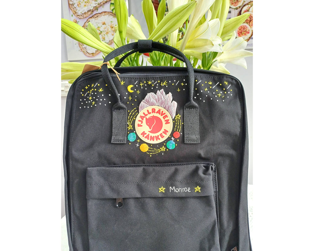  Fjallraven Kanken Backpack with Moon, Stars, Mountains and Planets Embroidery – Personalized Embroidered Backpack - Custom Bag for Women 