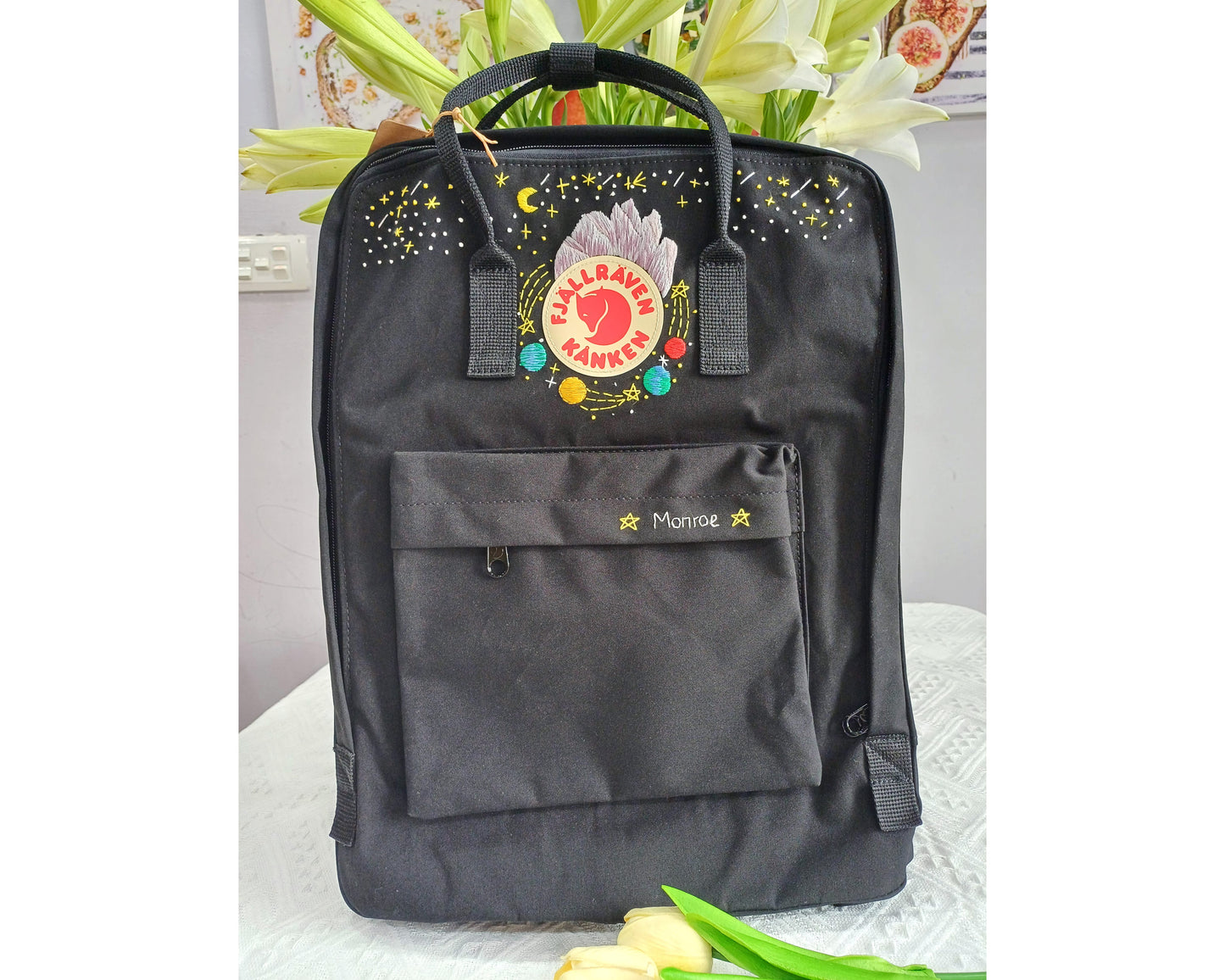 Fjallraven Kanken Backpack with Moon, Stars, Mountains and Planets Embroidery – Personalized Embroidered Backpack - Custom Bag for Women