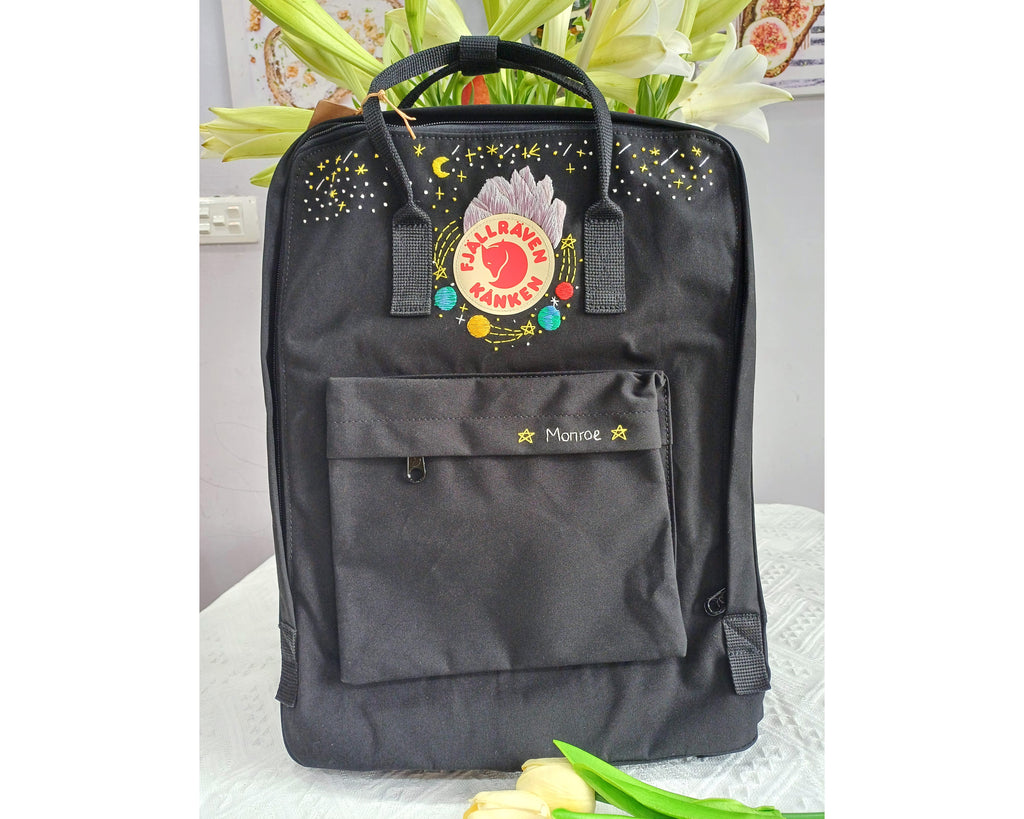  Fjallraven Kanken Backpack with Moon, Stars, Mountains and Planets Embroidery – Personalized Embroidered Backpack - Custom Bag for Women 