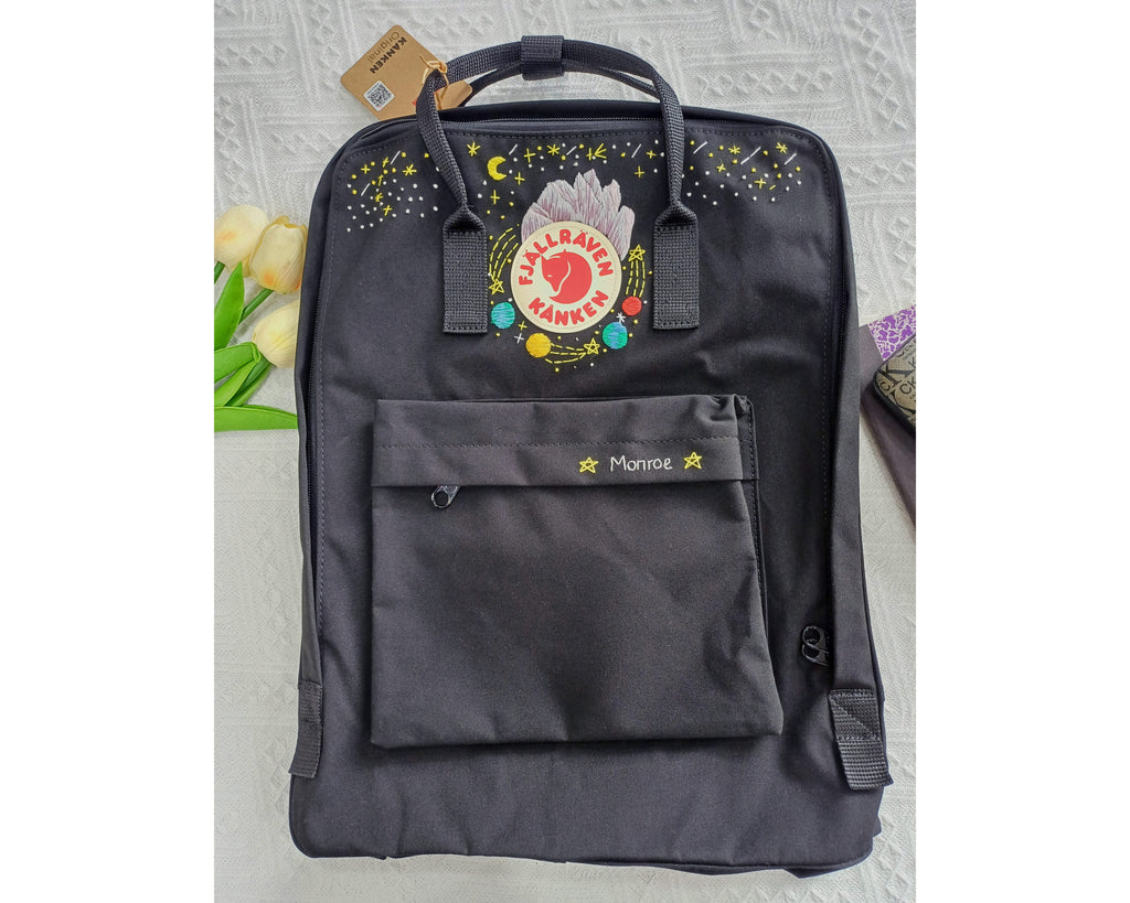  Fjallraven Kanken Backpack with Moon, Stars, Mountains and Planets Embroidery – Personalized Embroidered Backpack - Custom Bag for Women 