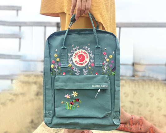 Fjallraven Kanken Backpack with Embroidered Flowers and Ladybugs - Personalized Embroidered Backpack - Custom Bag for Women
