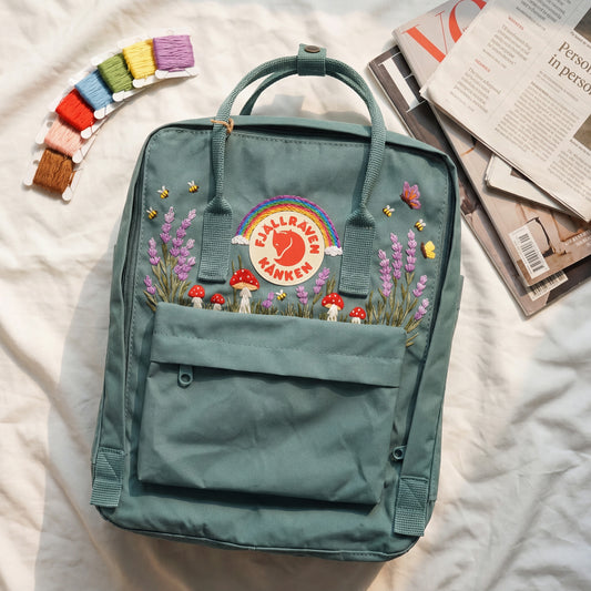 Embroidered Lavender Mushroom Fjallraven Kanken Backpack | Lavender Mushroom Cottagecore Backpack | Cute Rainbow Floral School Bag
