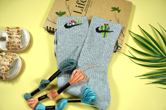 Hand-embroidered socks with mushrooms