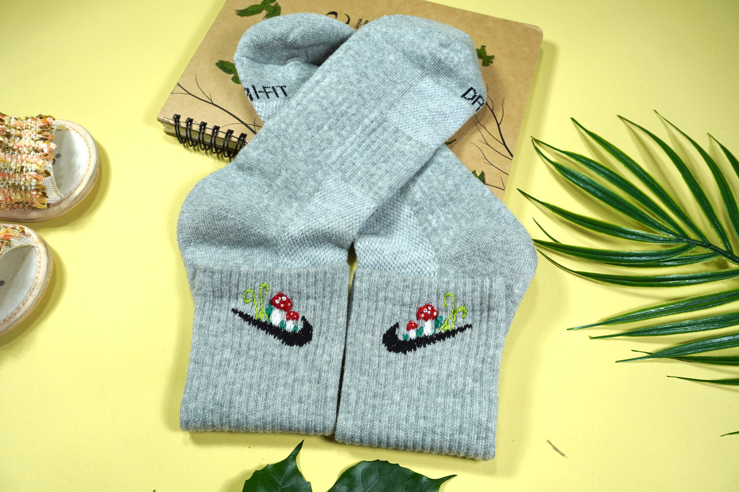 Hand-embroidered socks with mushrooms