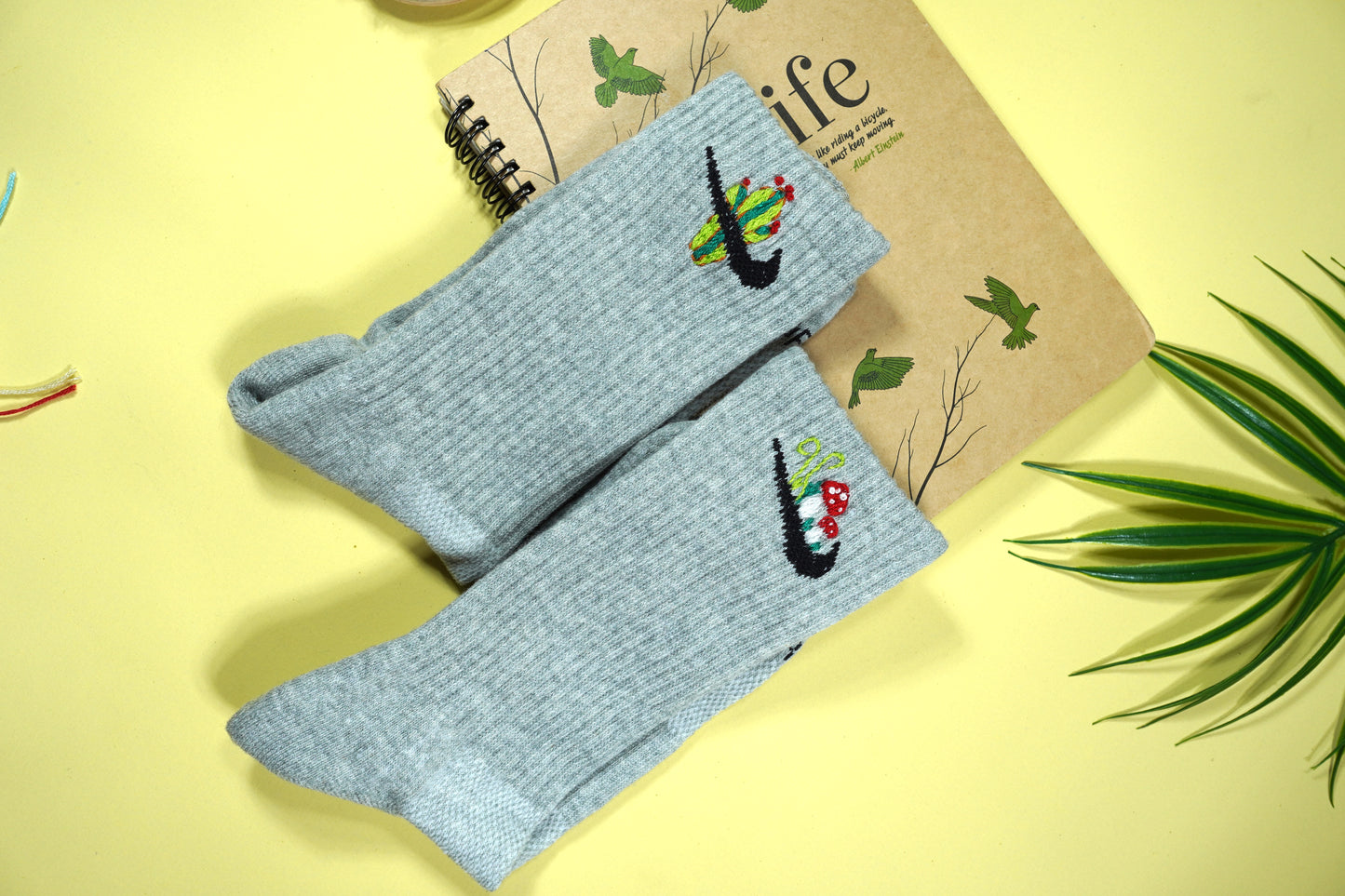 Hand-embroidered socks with mushrooms