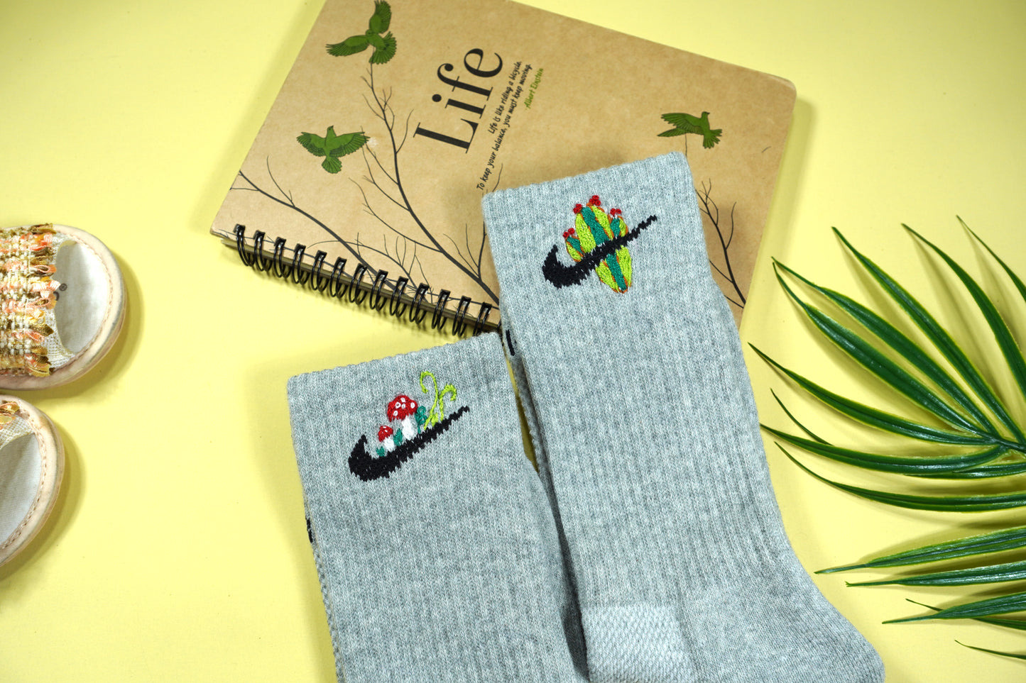 Hand-embroidered socks with mushrooms