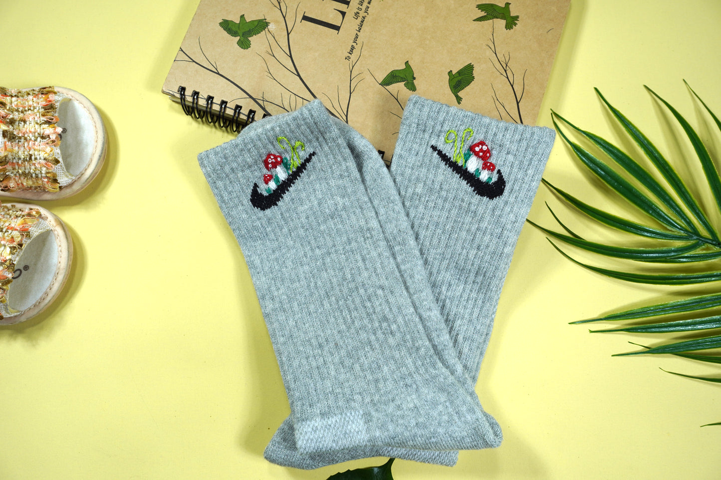 Hand-embroidered socks with mushrooms