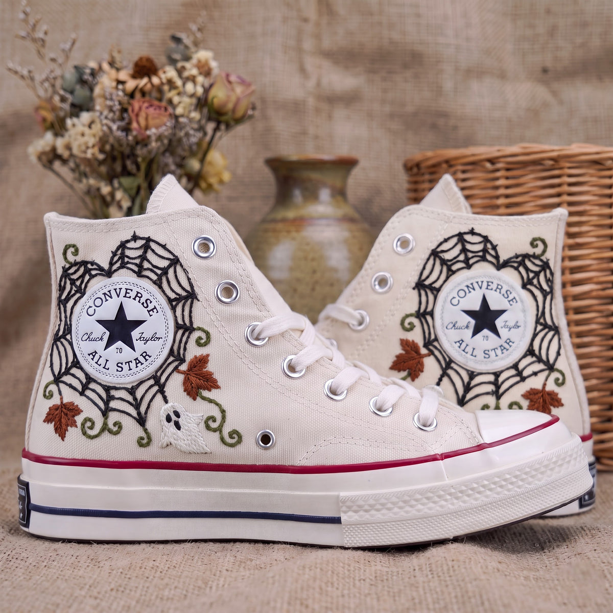 Converse Hand Embroidered Skull Pumpkin Bat Shoes | Halloween High Top Sneakers | Spooky Autumn Shoes | Unique Halloween Gift