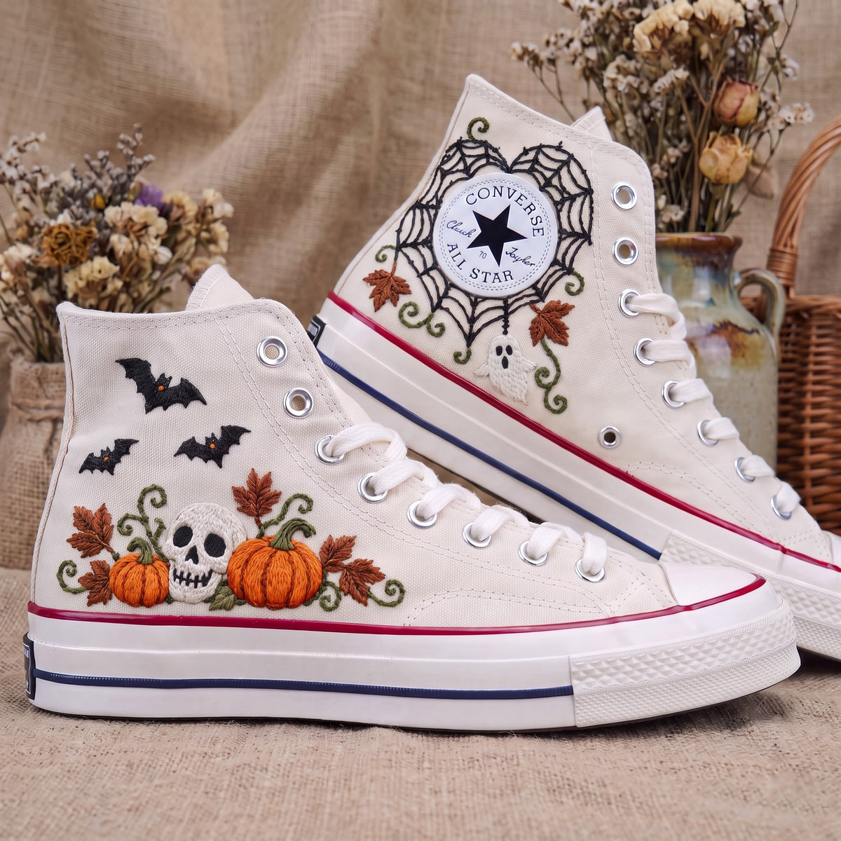 Converse Hand Embroidered Skull Pumpkin Bat Shoes | Halloween High Top Sneakers | Spooky Autumn Shoes | Unique Halloween Gift