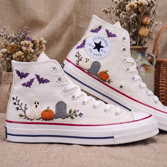 Converse Hand Embroidered Ghost Bat Pumpkin Shoes | Halloween Graveyard High Tops | Spooky Autumn Sneakers | Unique Halloween Gift