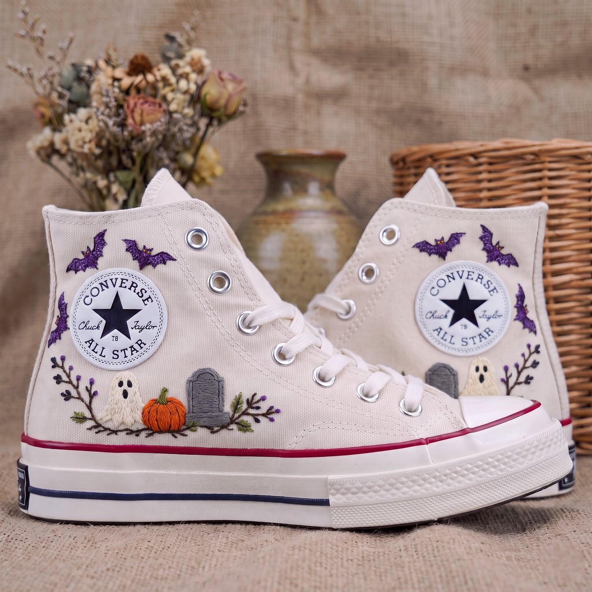 Converse Hand Embroidered Ghost Bat Pumpkin Shoes | Halloween Graveyard High Tops | Spooky Autumn Sneakers | Unique Halloween Gift