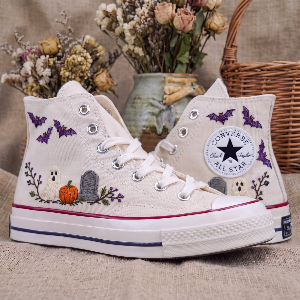 Converse Hand Embroidered Ghost Bat Pumpkin Shoes | Halloween Graveyard High Tops | Spooky Autumn Sneakers | Unique Halloween Gift