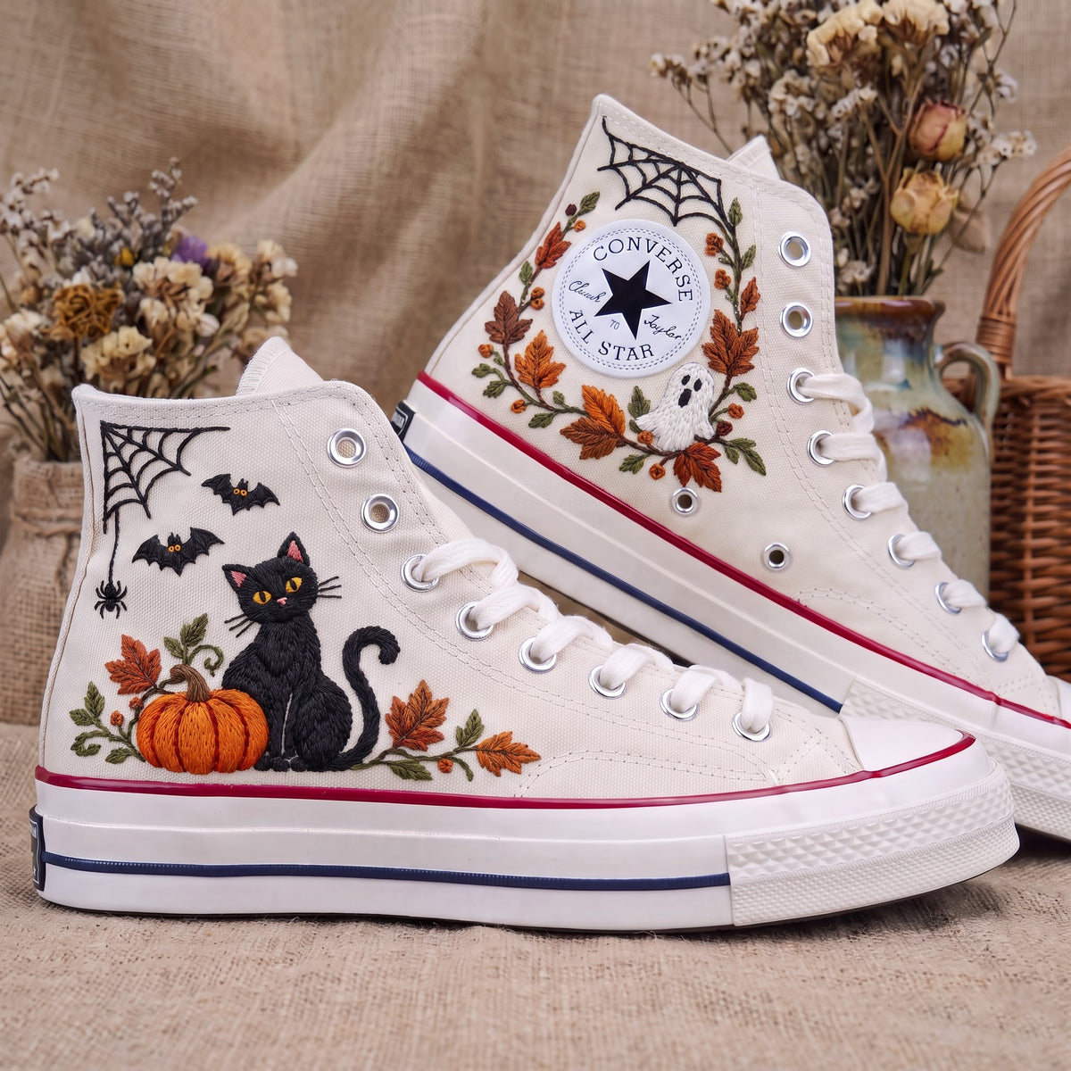 Converse Hand Embroidered Black Cat Pumpkin Shoes | Halloween Bat Spider Web High Tops | Spooky Autumn Sneakers | Unique Halloween Gift