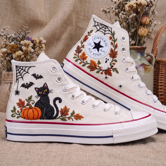 Converse Hand Embroidered Black Cat Pumpkin Shoes | Halloween Bat Spider Web High Tops | Spooky Autumn Sneakers | Unique Halloween Gift
