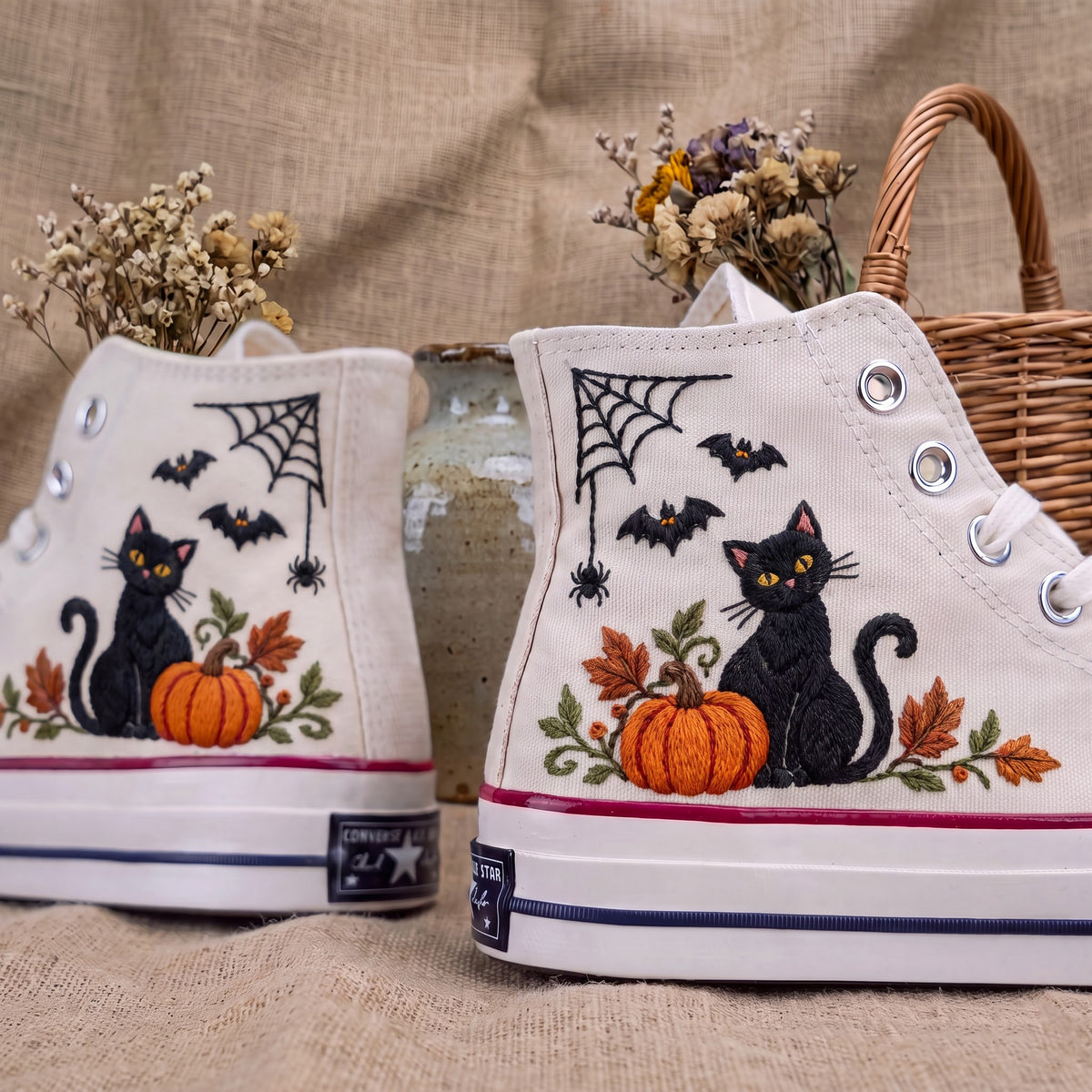 Converse Hand Embroidered Black Cat Pumpkin Shoes | Halloween Bat Spider Web High Tops | Spooky Autumn Sneakers | Unique Halloween Gift