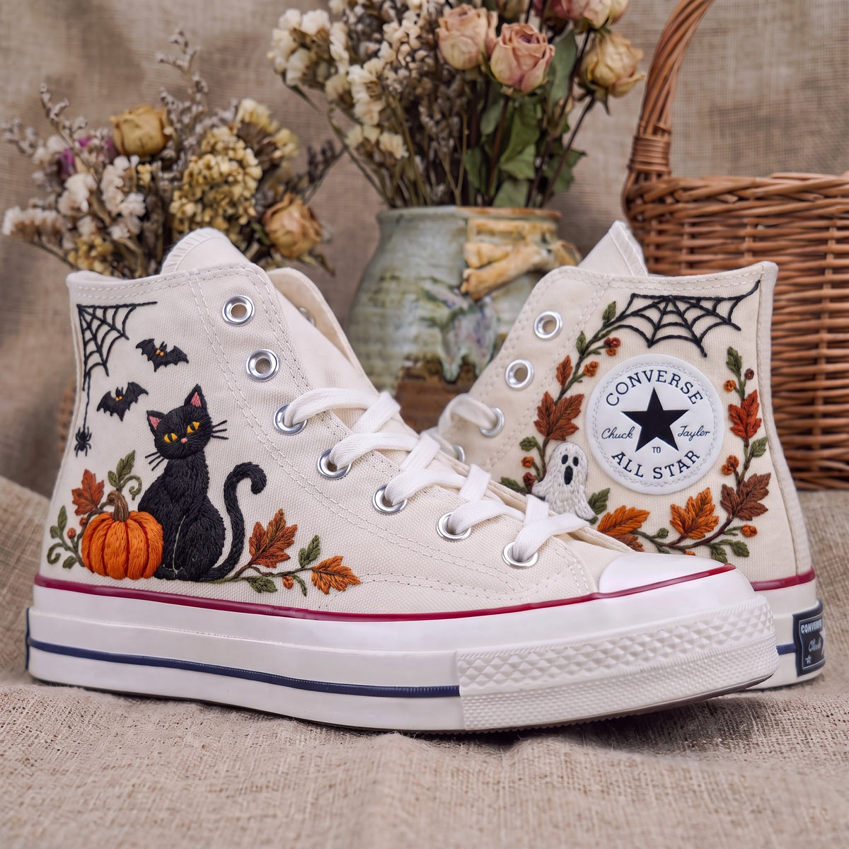 Converse Hand Embroidered Black Cat Pumpkin Shoes | Halloween Bat Spider Web High Tops | Spooky Autumn Sneakers | Unique Halloween Gift