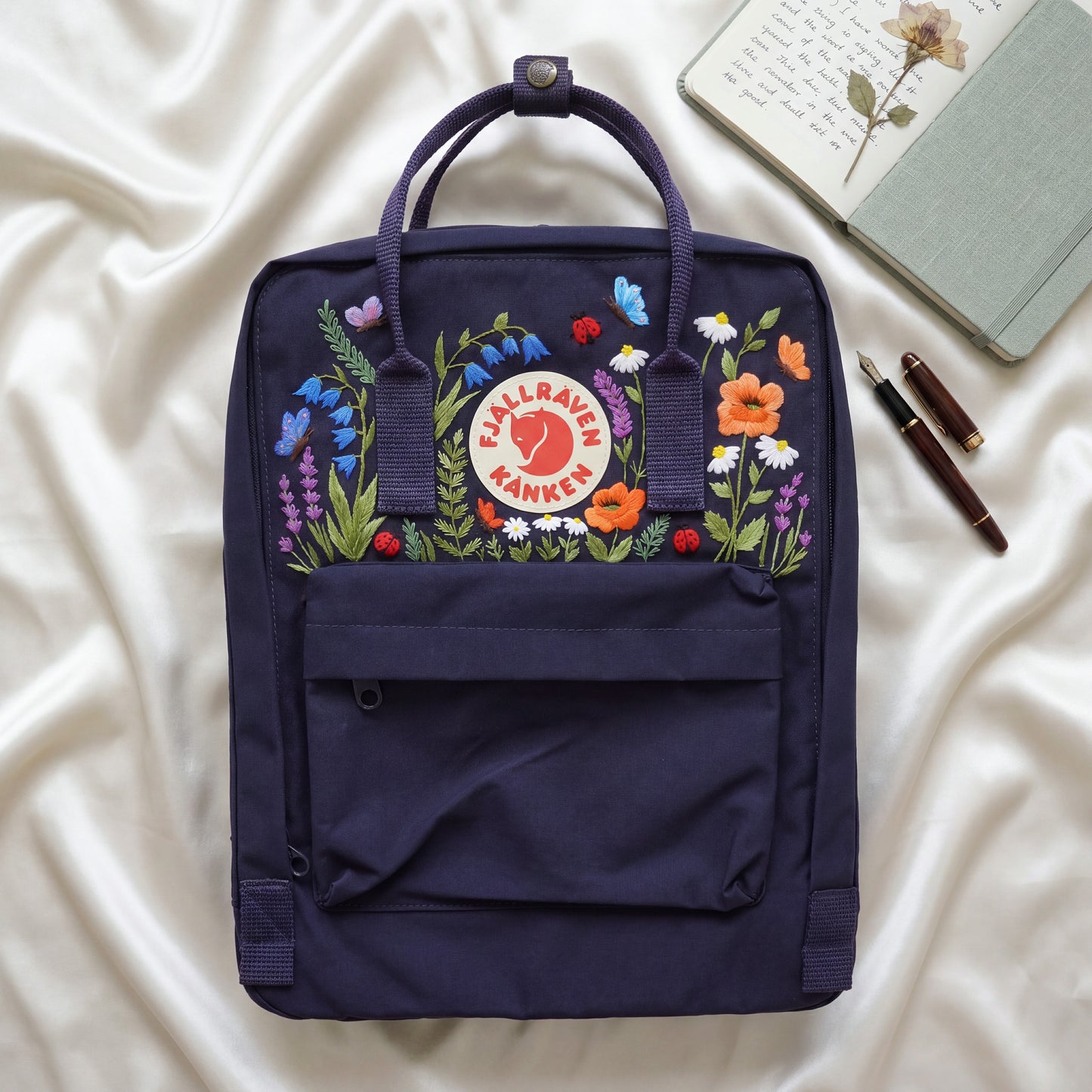 Fjallraven Kanken Wildflower Embroidered Backpack | Poppy Bluebell Daisy Floral Kanken Bag | Butterfly Ladybug Garden Design |Shool Backpack