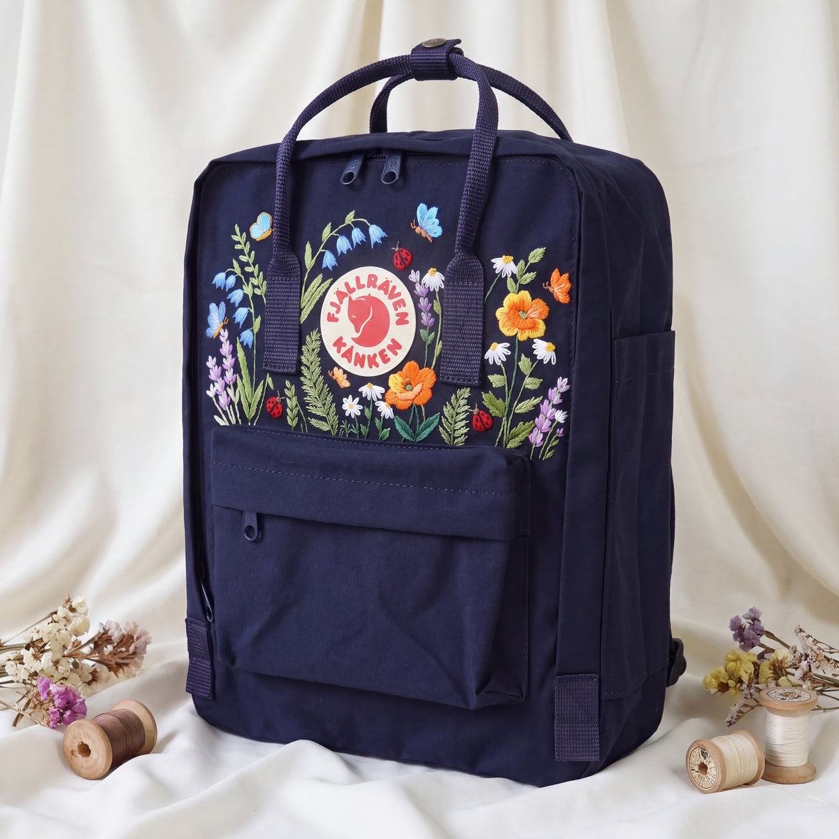 Fjallraven Kanken Wildflower Embroidered Backpack | Poppy Bluebell Daisy Floral Kanken Bag | Butterfly Ladybug Garden Design |Shool Backpack