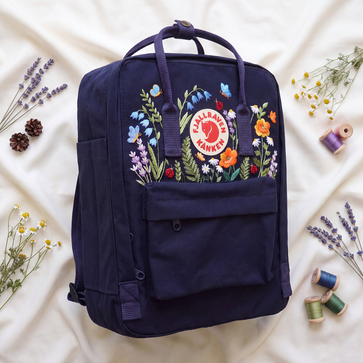 Fjallraven Kanken Wildflower Embroidered Backpack | Poppy Bluebell Daisy Floral Kanken Bag | Butterfly Ladybug Garden Design |Shool Backpack