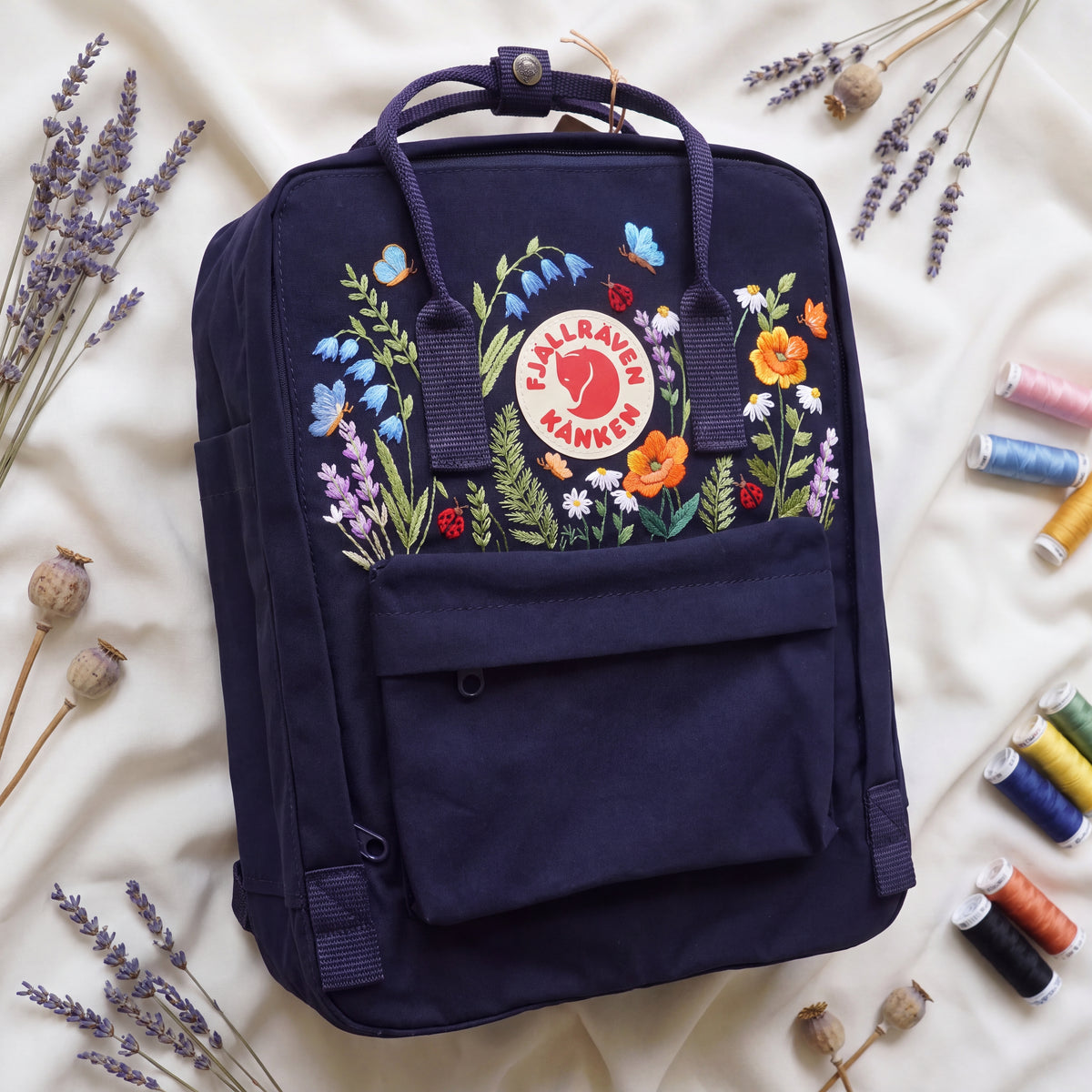 Fjallraven Kanken Wildflower Embroidered Backpack | Poppy Bluebell Daisy Floral Kanken Bag | Butterfly Ladybug Garden Design |Shool Backpack