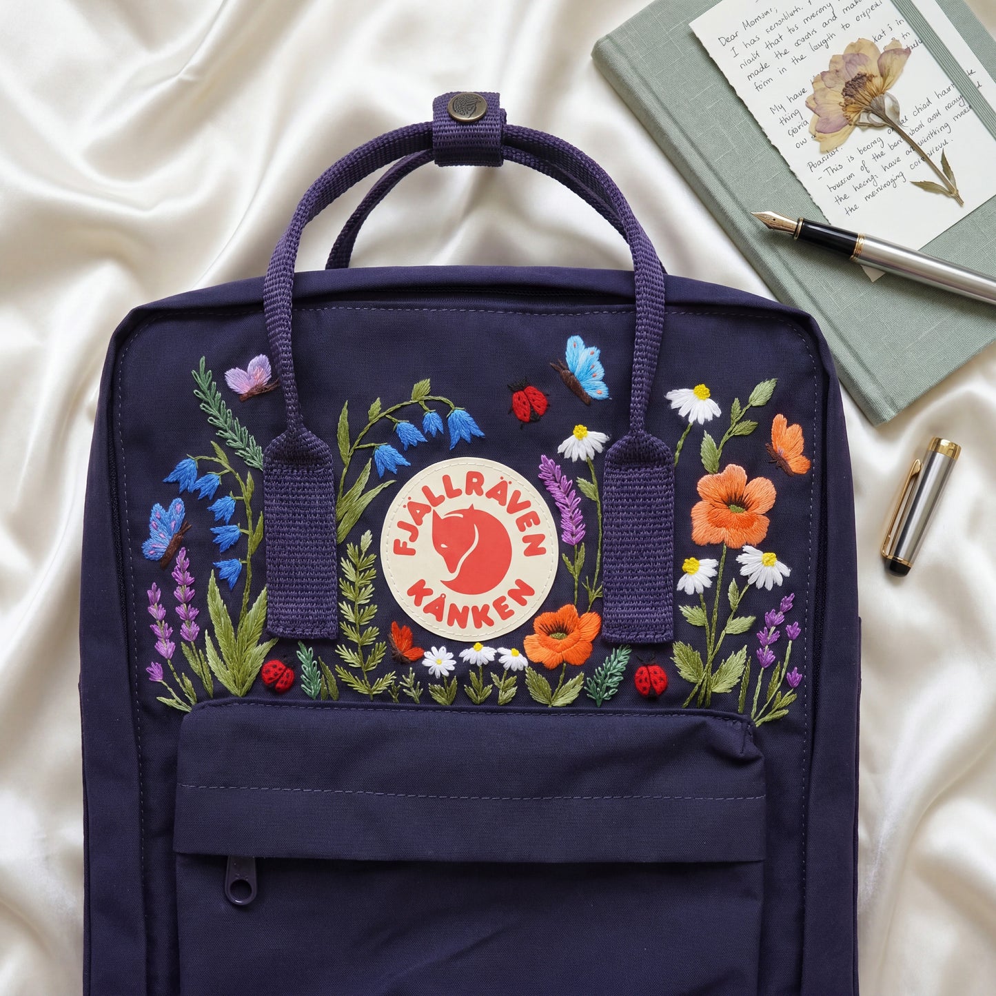 Fjallraven Kanken Wildflower Embroidered Backpack | Poppy Bluebell Daisy Floral Kanken Bag | Butterfly Ladybug Garden Design |Shool Backpack