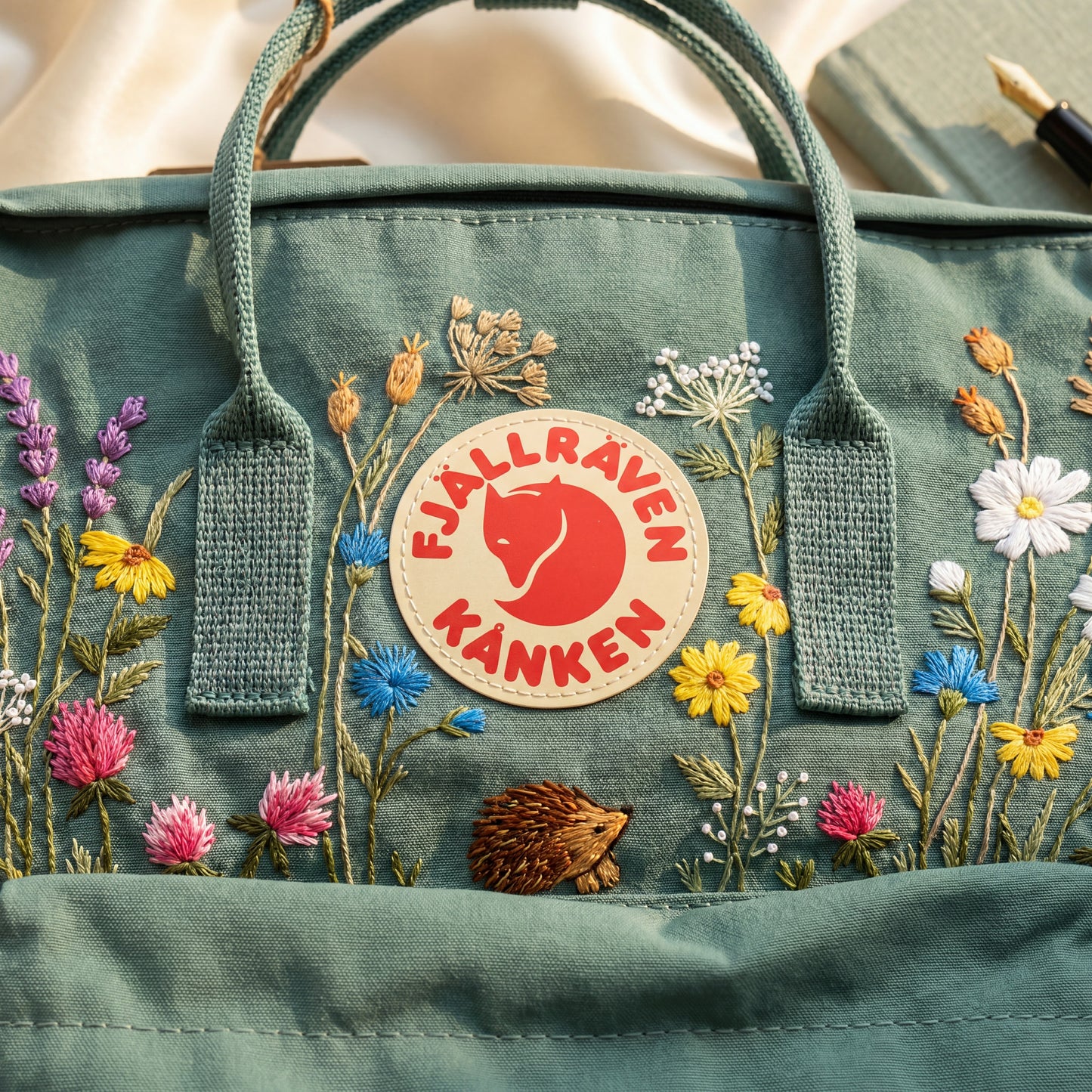 Custom Embroidered Fjallraven Kanken Backpack with Wildflowers & Hedgehog | Handmade School Backpack | Personalized Floral Travel Bag Gift