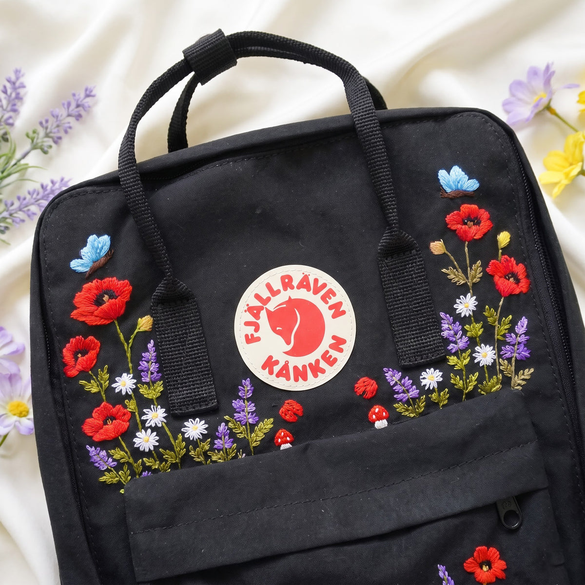 Fjällräven Kanken Regenbogen Bunter Gänseblümchen Bestickter Rucksack