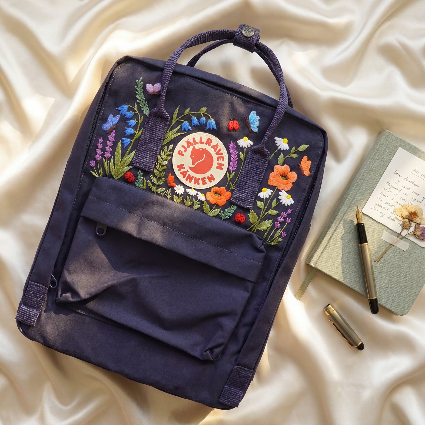 Fjallraven Kanken Wildflower Embroidered Backpack | Poppy Bluebell Daisy Floral Kanken Bag | Butterfly Ladybug Garden Design |Shool Backpack