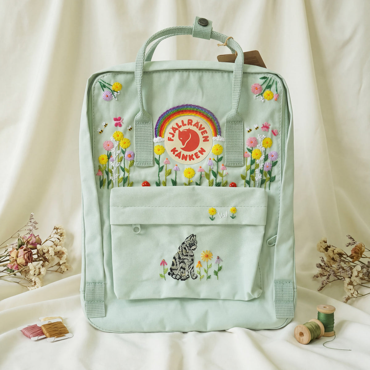 Fjallraven Kanken Hand Embroidered Cat Rainbow Backpack | Cute Floral Embroidered Backpack | Wildflower Bee Bag | Personalized Cat Gift