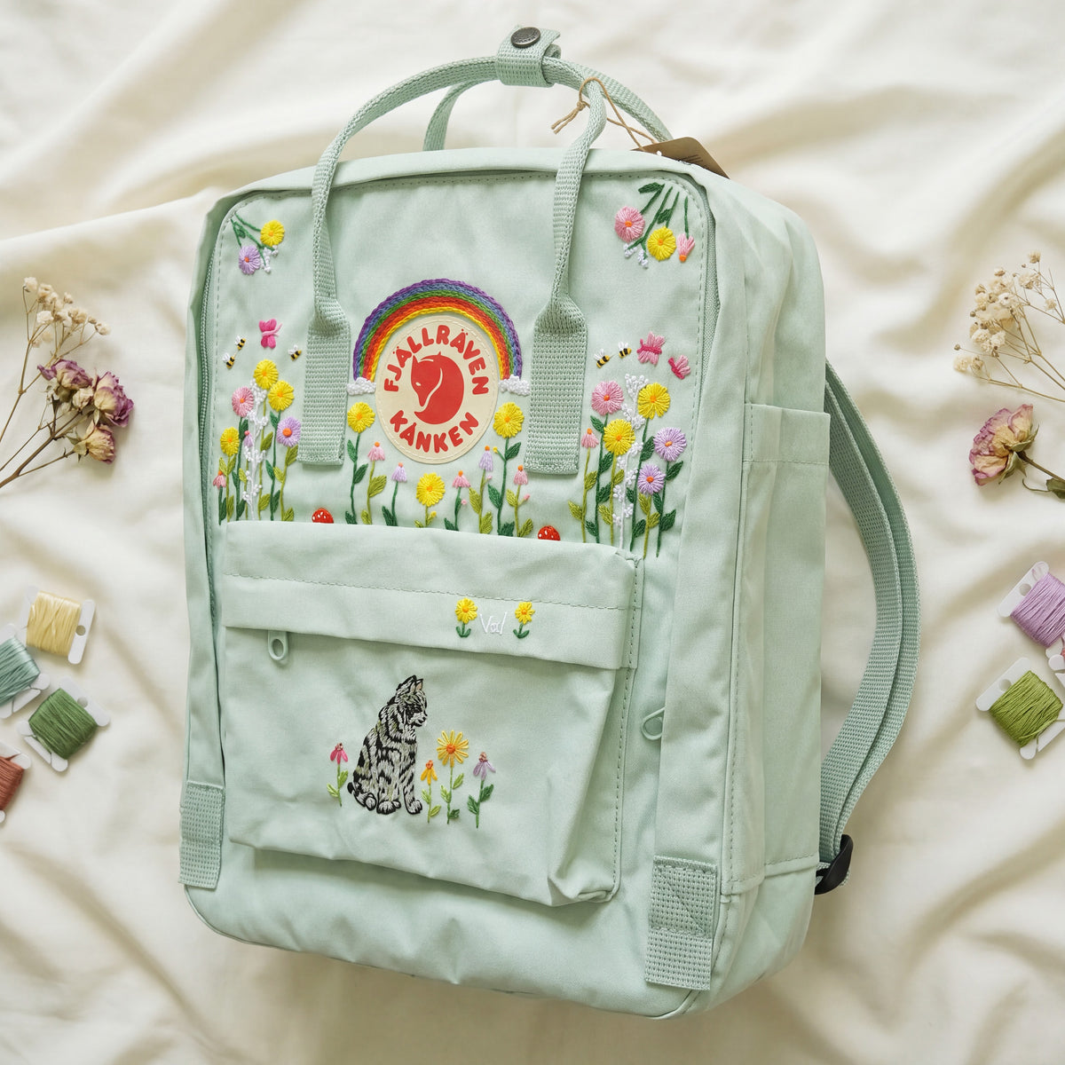 Fjallraven Kanken Hand Embroidered Cat Rainbow Backpack | Cute Floral Embroidered Backpack | Wildflower Bee Bag | Personalized Cat Gift